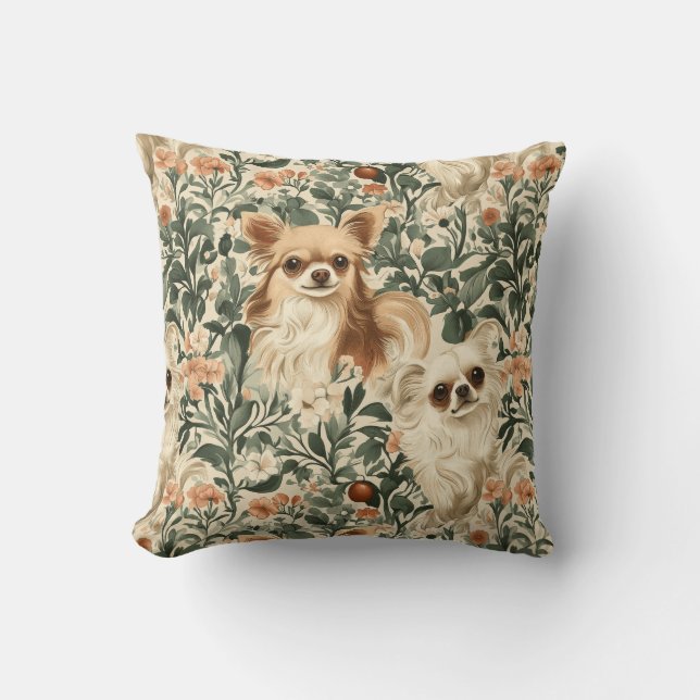 Coussin Long Haired Chihuahuas William Morris style floral (Recto)