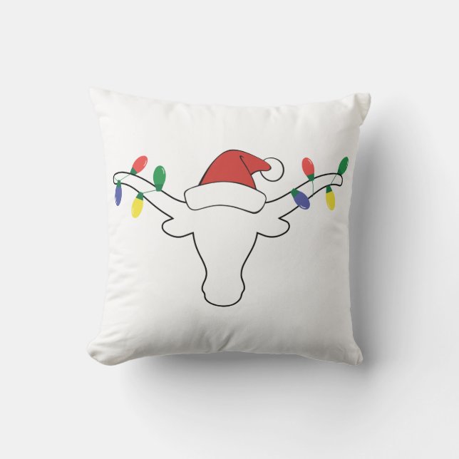 Coussin Longhorne blanche avec lumières de Noël et chapeau (Recto)