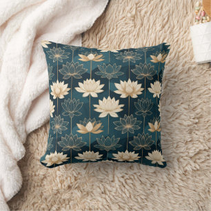 Coussin Lotus doré géométrique sur sarcelle