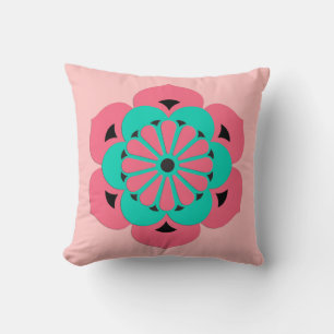 Coussin Lotus Flower Mandala, Coral rose et Turquoise