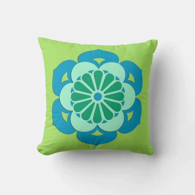 Coussin Lotus Flower Mandala, Lime Green et Bleu clair (Recto)