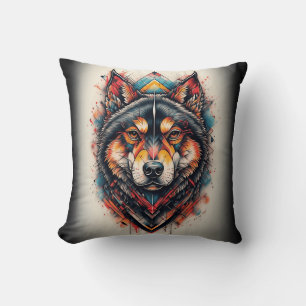 Coussin Loup avec des éléments géométriques et des couleur