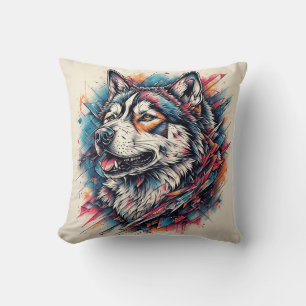 Coussin Loup avec des éléments géométriques et des couleur