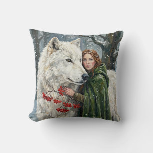Coussin Loup Blanc Druide Roux Baies d'Hiver Fantaisie Ar