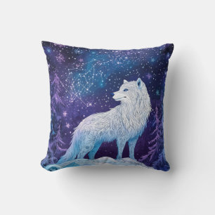 Coussin Loup blanc en hiver avec ciel étoilé magique