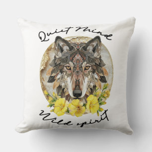 Coussin Loup Boho Orné avec Fleurs Jaunes