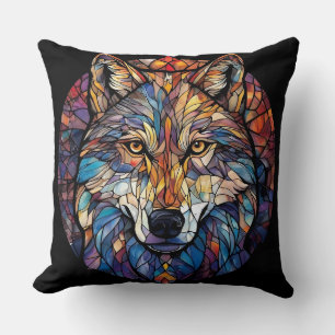 Coussin Loup coloré en silhouette en mosaïque vitrail