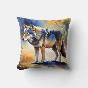 Coussin Loup dans une aquarelle de forêt
