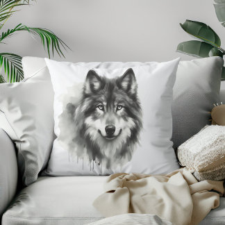 Coussin Loup gris majestueux étonnant Aquarelle Faune