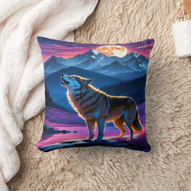 Coussin Loup hurlant sous la Pleine lune au-dessus des mon (Couverture)