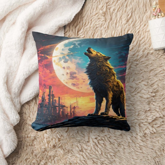 Coussin Loup majestueux hurlant sous une lune cosmique (Couverture)