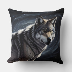 Coussin Loup Majestueux Sous un Ciel Étoilé