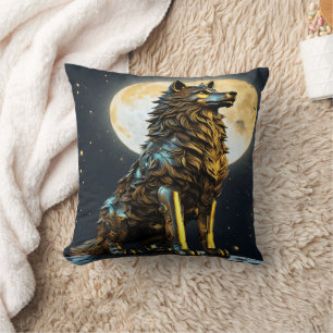 Coussin Loup Métallurgique Majestueux Sous Plein Lune