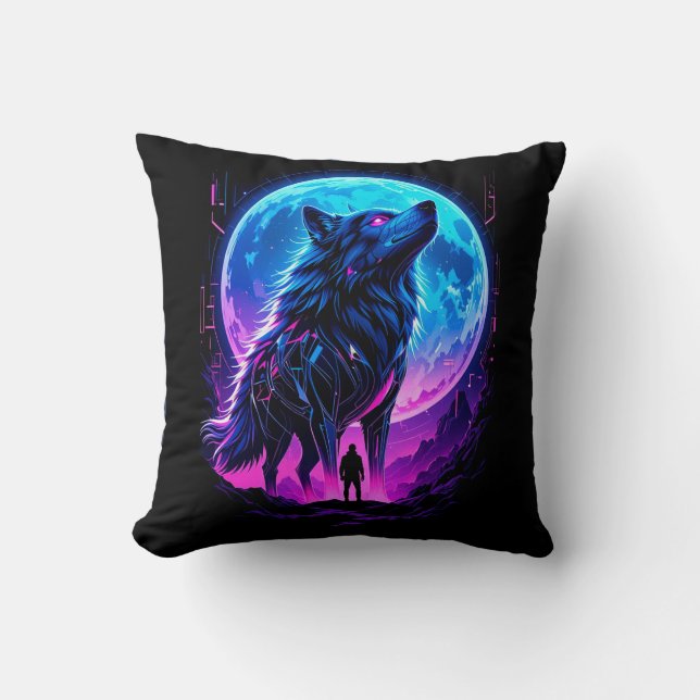Coussin Loup néon cyberpunk vibrant (Recto)