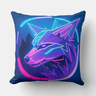 Coussin Loup néon futuriste en art géométrique