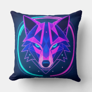 Coussin Loup néon futuriste en art géométrique