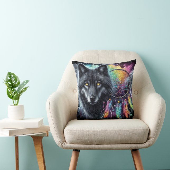 Coussin Loup noir avec attrape-rêves (Chaise)