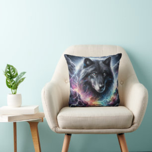 Coussin Loup noir avec éclair