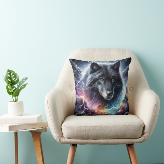 Coussin Loup noir avec éclair (Chaise)