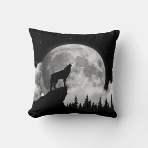 Coussin Loup noir et blanc hurlant sur la lune