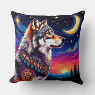 Coussin Loup sous le croissant de lune la nuit