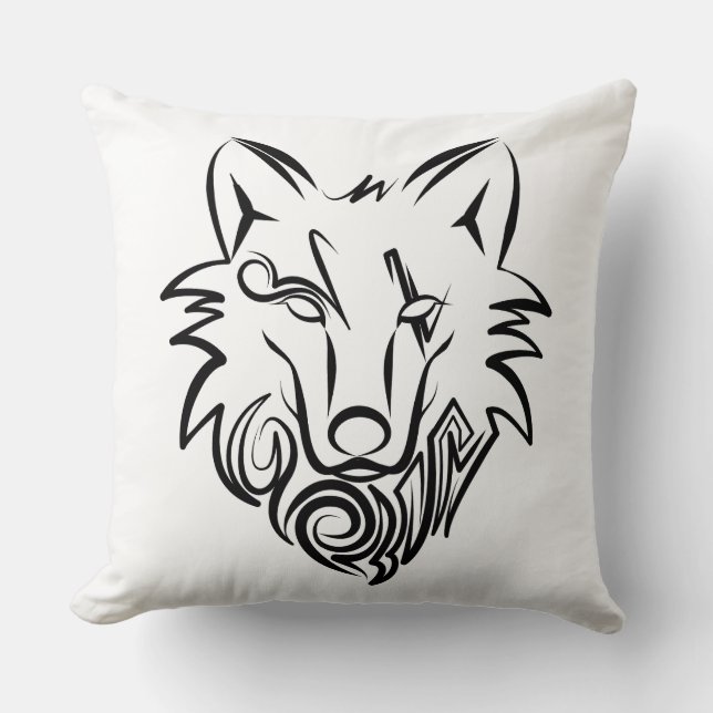 Coussin Loup tribal noir et blanc (Recto)