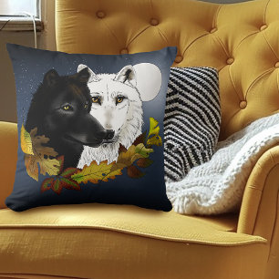Coussin Loups Blancs Noirs Clair de Lune Feuilles d'Automn