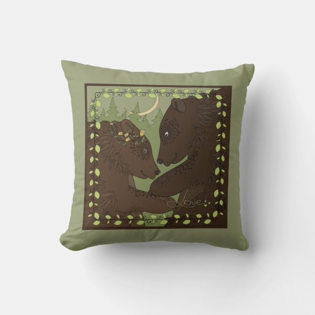 Coussin L'ours est amoureux ! Ours doux sur vert (Recto)