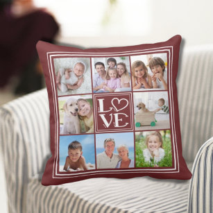Coussin LOVE Collage 8 photos (couleur solide changeable)