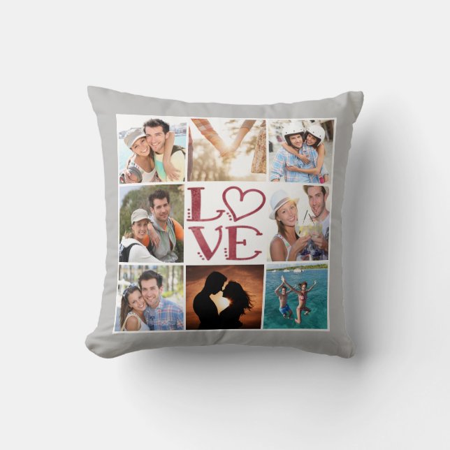 Coussin LOVE Collage de 8 photos gris modifiable Personnal (Recto)