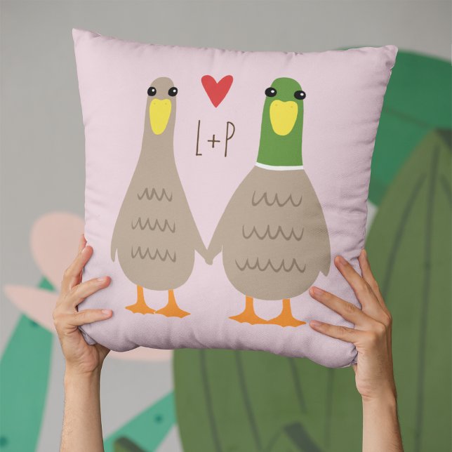 Coussin Love Ducks Initiales personnalisées Saint-Valentin (Créateur téléchargé)