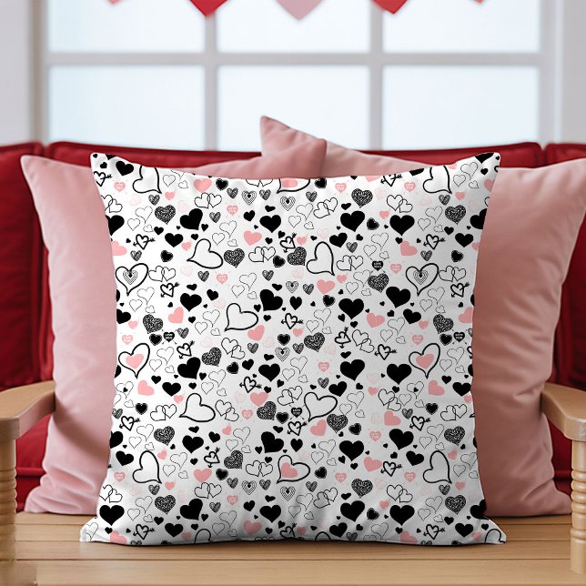 Coussin Love Gift Pillow Pink and Black Hand Drawn Hearts (Love Gift Pillow Pink and Black Hand Drawn Hearts)