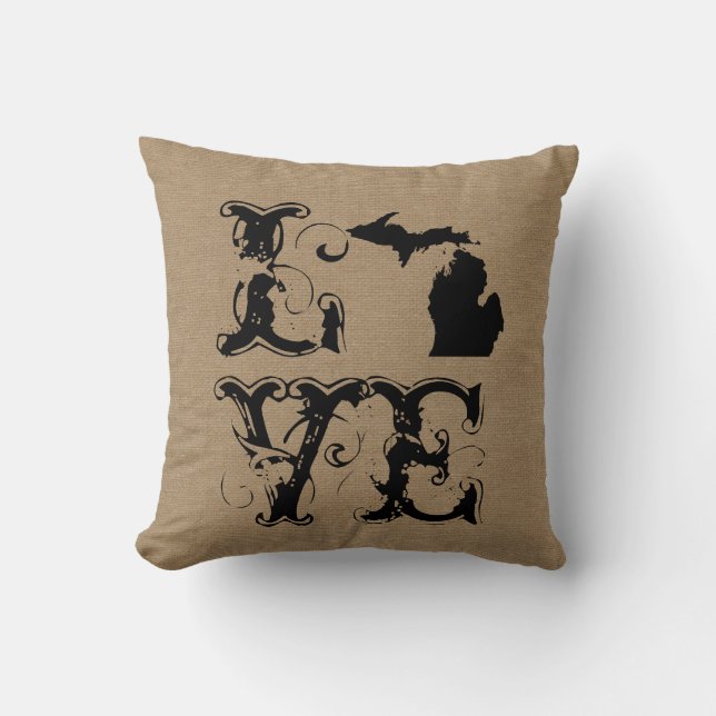 Coussin Love Michigan State rustic chic burlap vintage (Recto)
