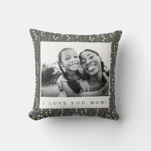 Coussin Love Mom Navy Floral Script Photo Jeu d'oreiller