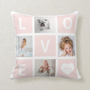 Coussin Love Photo Grid and Heart Rose pâle
