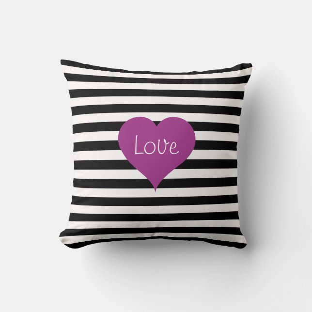 Coussin LOVE Pink Heart Black & White Stripes Motif (Recto)