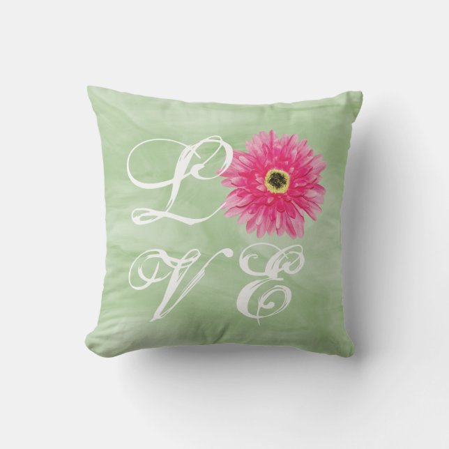 Coussin LoVE Typographie rose Gerbera Daisy Flower sur ver (Recto)