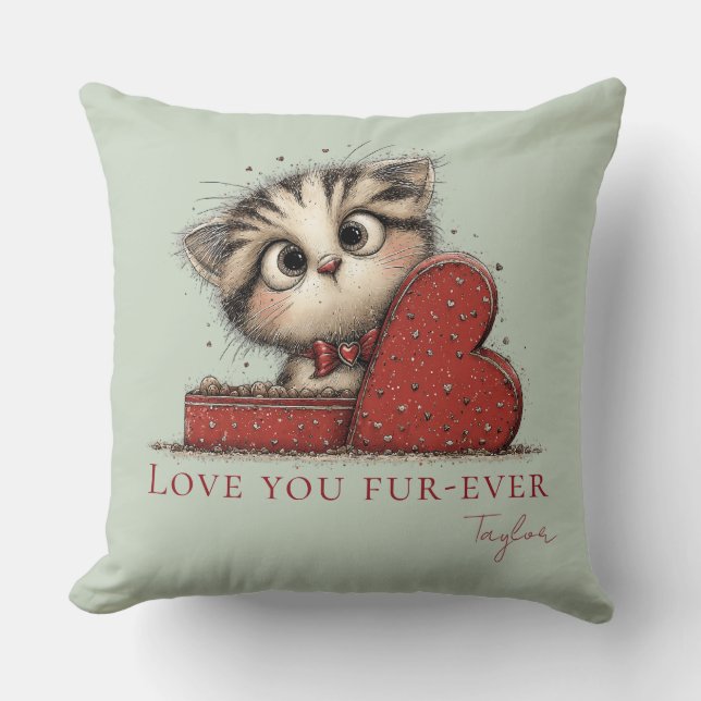 Coussin Love You Fur-Ever Cute Cat Sage Green Throw Pillow (Recto)