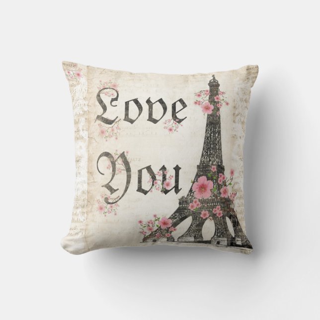 Coussin Love You Romantic Paris Tea rose cerisiers en fleu (Recto)