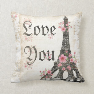 Coussin Love You Romantic Paris Tea rose cerisiers en fleu