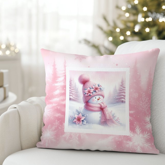 Coussin Lovely Pink Snowman Pillow Soft Winter Scene (Lovely Pink Snowman Pillow Soft Winter Scene)