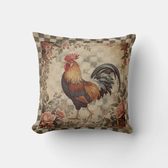 Coussin Lovely Vintage Rooster ,Flowers Pattern, Checke (Recto)