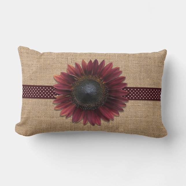 Coussin - Lumbar - Burlap et Bordeaux Sunflower (Recto)