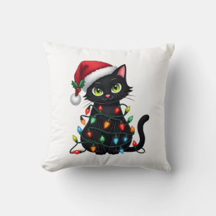 Coussin Lumières de Noël Chat Noir Chapeau de Père Noël Dr