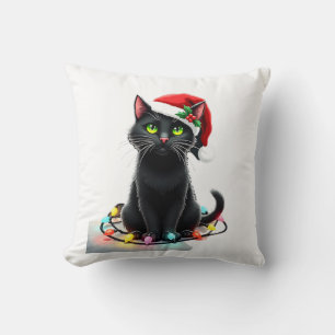 Coussin Lumières de Noël Chat Noir Chapeau de Père Noël Xm