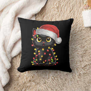 Coussin Lumières de sapin de Noël chat noir drôle de chato