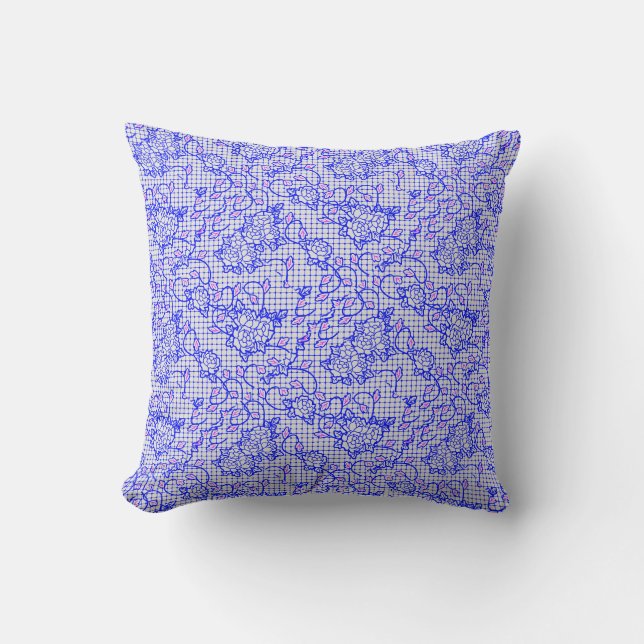 Coussin Lumineuse filet bleu avec fleurs 02b Offwhite BG (Recto)