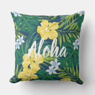 Coussin Luna Hibiscus Garden Hawaiian - Jaune et Marine