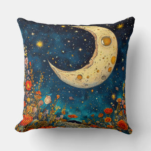 Coussin Lune céleste et fleurs vibrantes