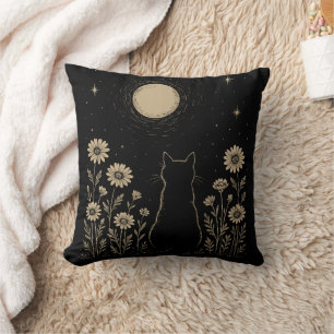 Coussin  Lune de Chat Noir Minimaliste Fleur Sauvage 